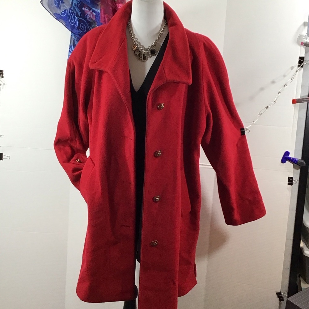Dennis Basso Red wool cashmere button front coat L